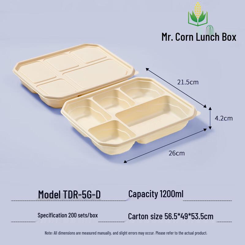 Disposable 5-Compartment Corn Starch Bento Boxes