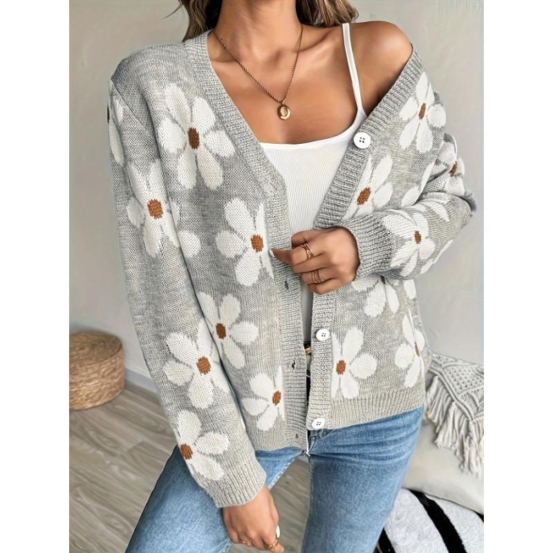 Women S V Neck Knitted Cardigan Floral Pattern Sweater Autumn Winter Outerwear