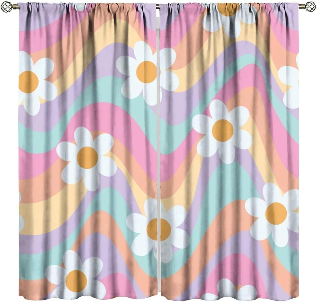 70S Flowers Curta Retro Colors Floral Groovy Vintage Colorful Blackout Window Drapes For Bedroom Living Room Kitchen Cafe
