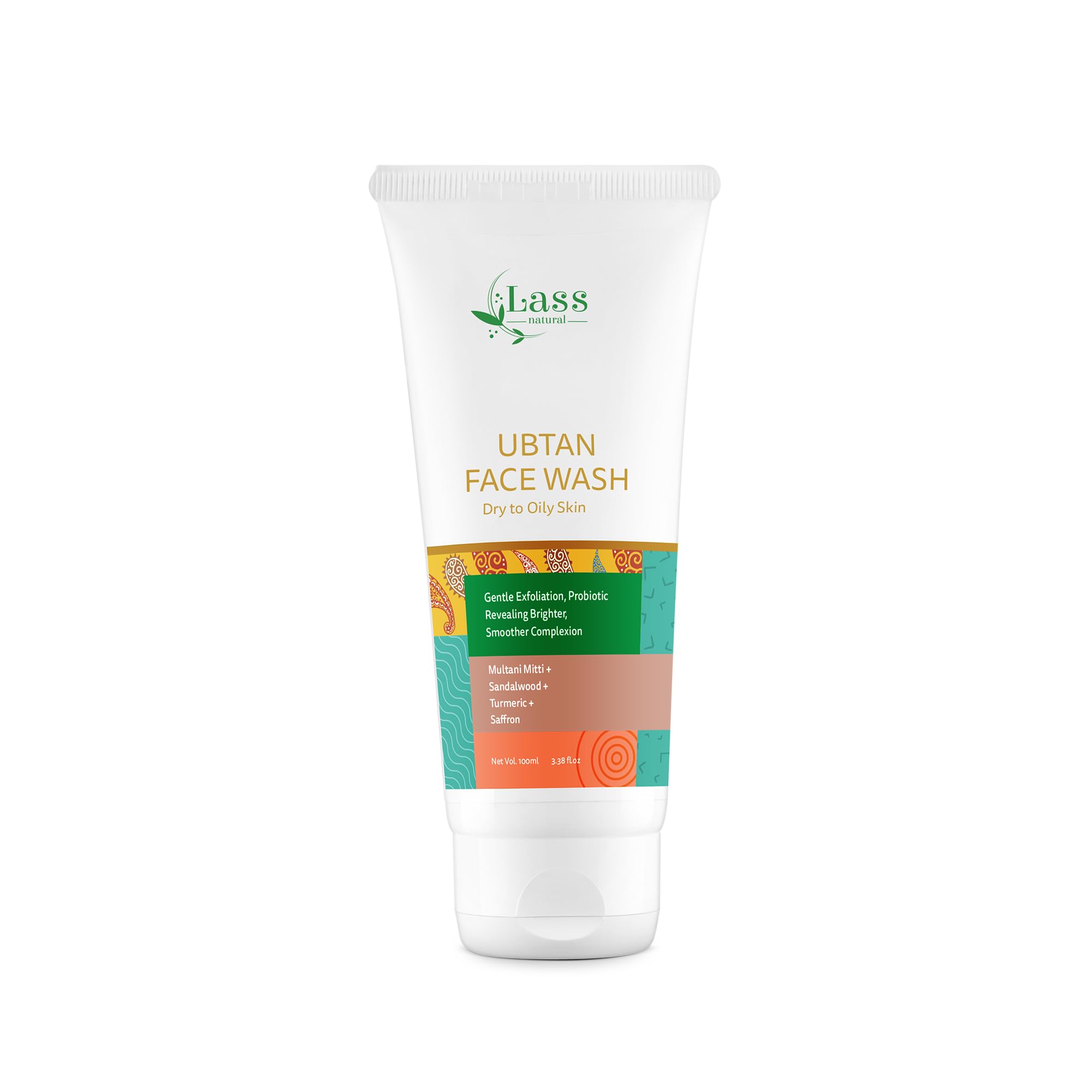 Lass Natural Multani Mitti & Sandalwood Ubtan Face Wash - Turmeric & Saffron, Gentle Exfoliation, Brightening, Probiotic | Dry to Oily Skin |100ML