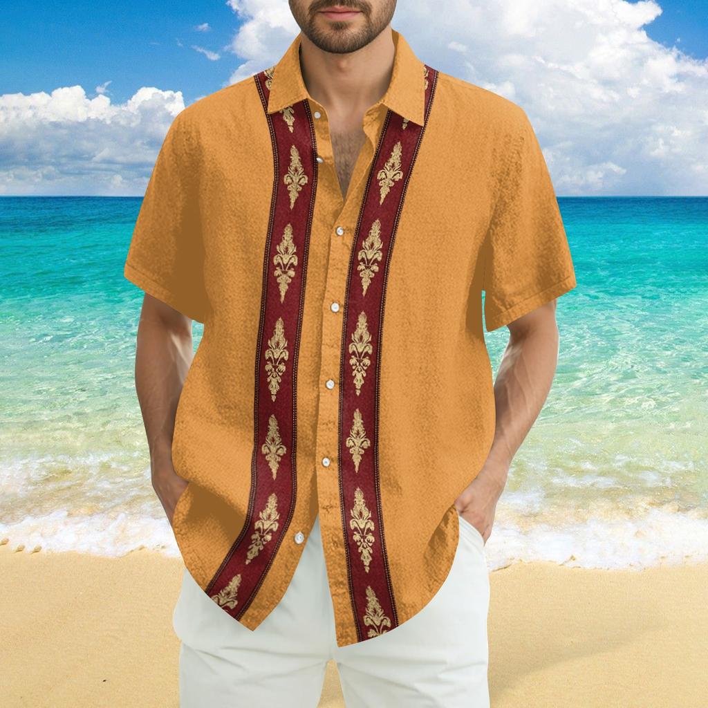 Men's Fashionable Casual Loose Striped Printed Beach Short-sleeved Shirt