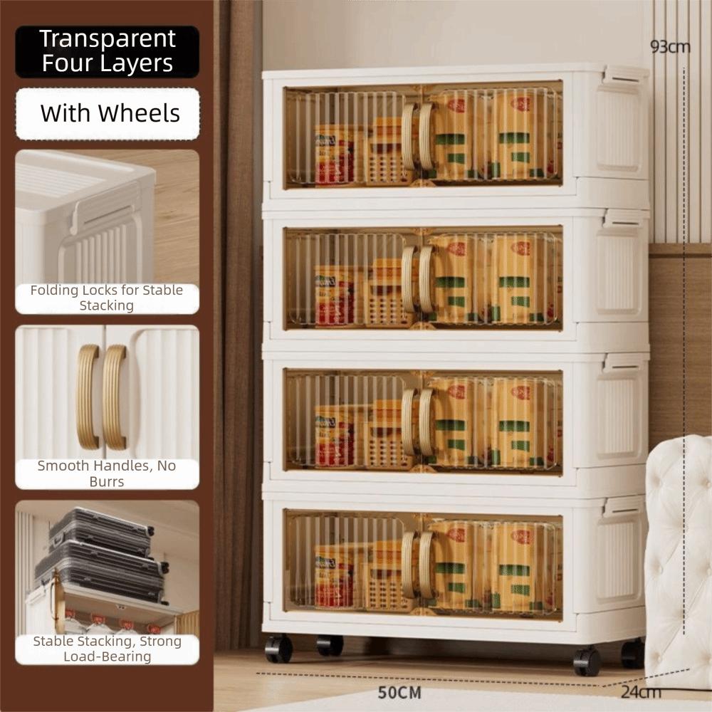 Plastic Storage Cabinet With Wheel Stackable Design Foldable Wardrobe Transparent Door Simple Assembly Large Capacity Storage
