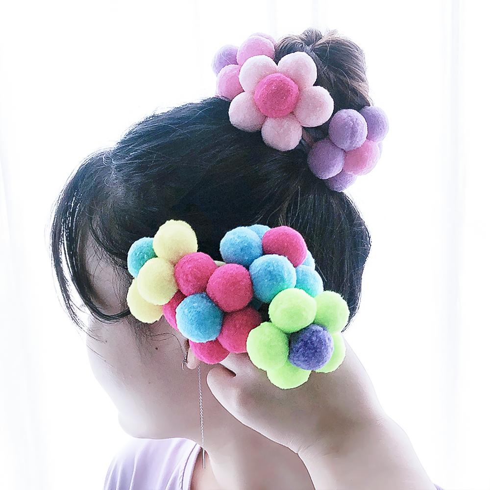 2pcs New Fur Flower Elastic Girl Womens Ponytail Holders Plush Ball Hair Ring Elastic Hair Rope Hair Tie Accessories Pompom