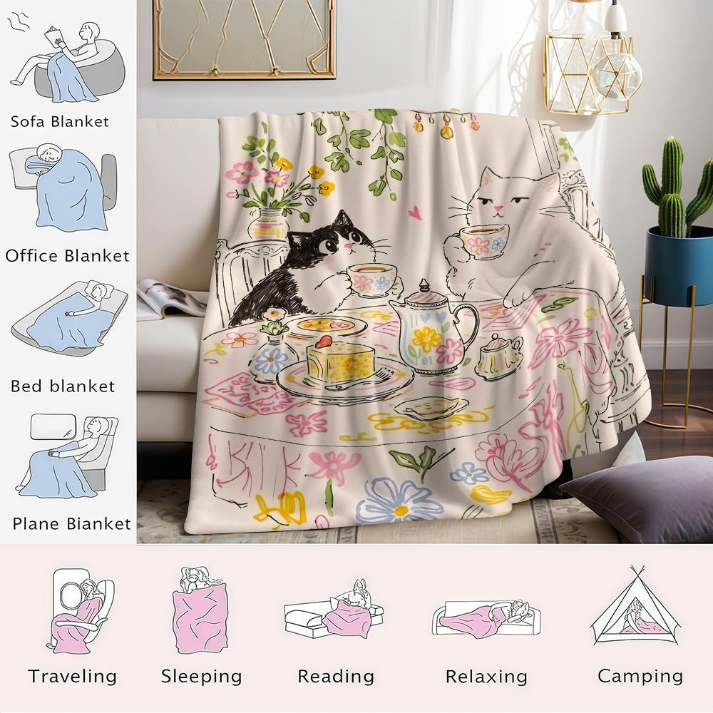 Tea Cats Flannel Blanket Warm Soft Halloween Christmas Couch Warm Cozy Decorative Decor Gift for All Season