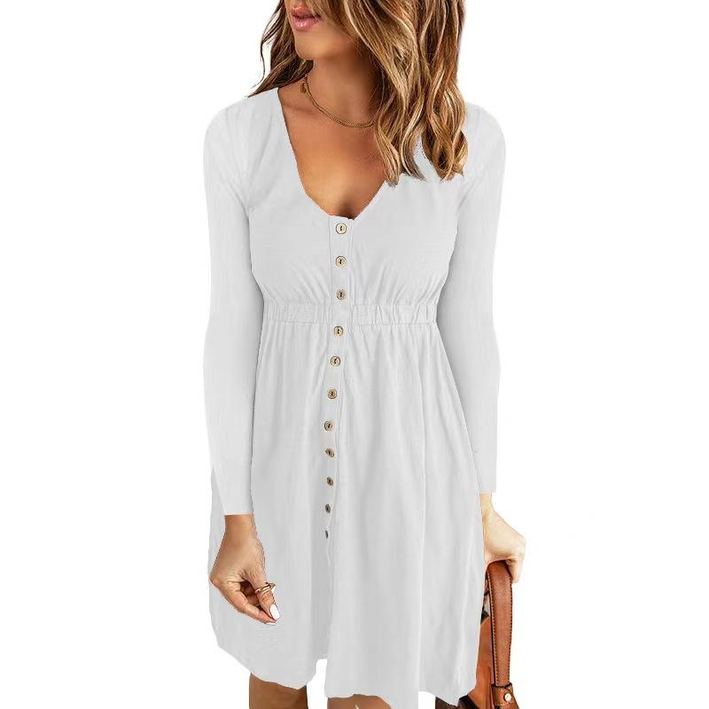 Women Dress Long Sleeve V-Neck Button Tunic Mid Dress Fashion Loose Solid  Knee-length Dress for Daily Office,Party
