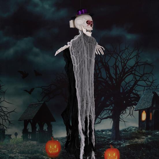 Outdoor Hanging Skull Ghost Halloween Decoration Sound Activated Flying Grim Reaper Skeleton with Light-Up Eyes for Front Yard Patio Lawn Garden Porch