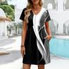 Modisches Damenkleid mit Print, V-Ausschnitt, kurzärmelig, locker, lässig, für den Strandurlaub
