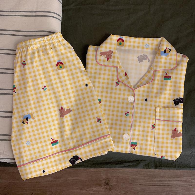Summer Cartoon Pajamas Women'S Casual High-Value Plaid Short-Sleeved Two-Piece Loungewear