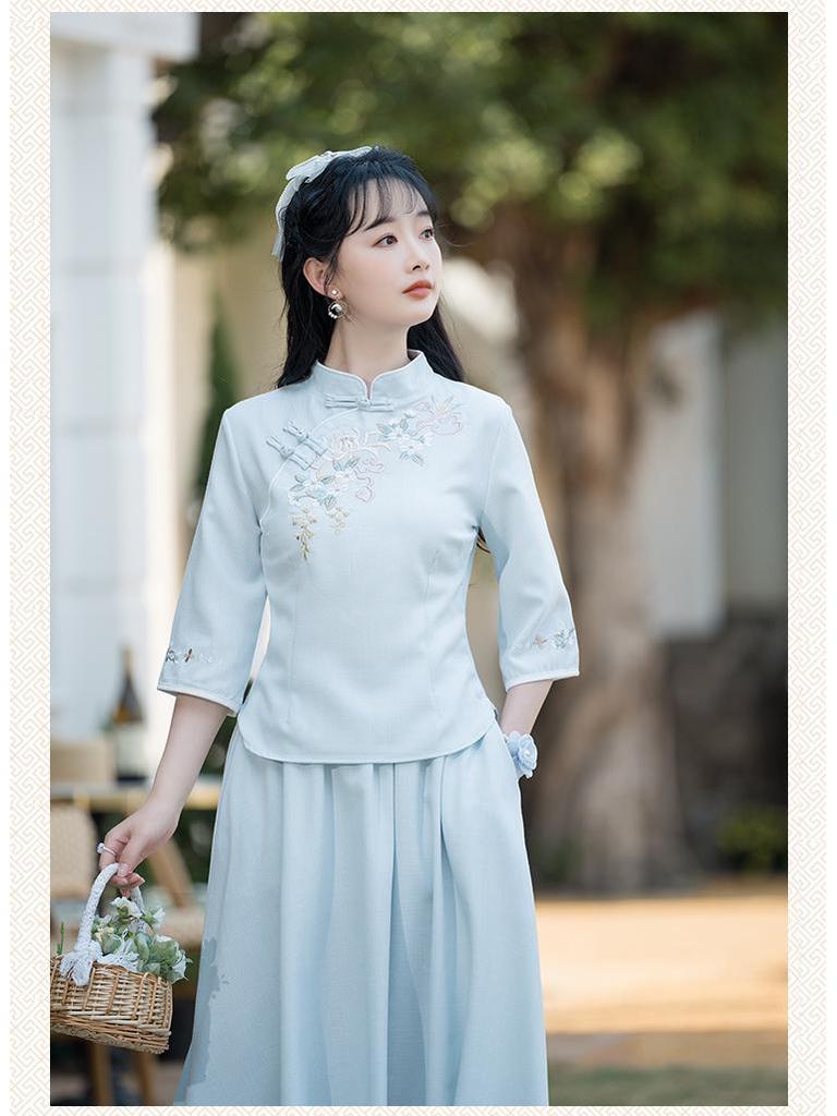 2025 Spring/Summer Women's Ethnic Retro Cotton Linen Embroidered Midi Skirt - Elastic Waist