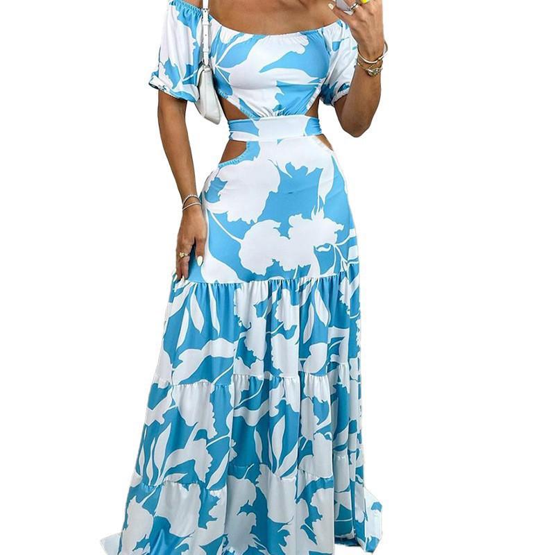 2026 Women's Clothing Contrast Color Print Hollow Ruffled Cake Dress
