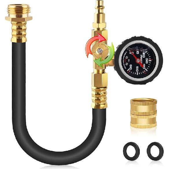Boltigen Upgraded RV Winterizing Kit, 17'' RV Winterizing Hose With Oil Pressure Gauge & Control Valve, Air Compressor Sprinkler Blowout Adapter Kit,