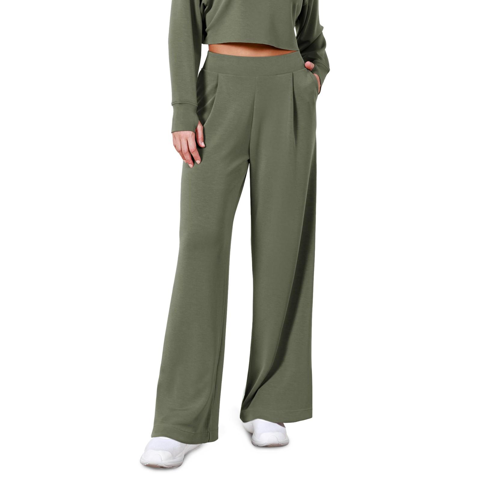 Women s Fashion Color Elastic Waist Wide Leg Pants High Waist Pocket Casual Pants L
