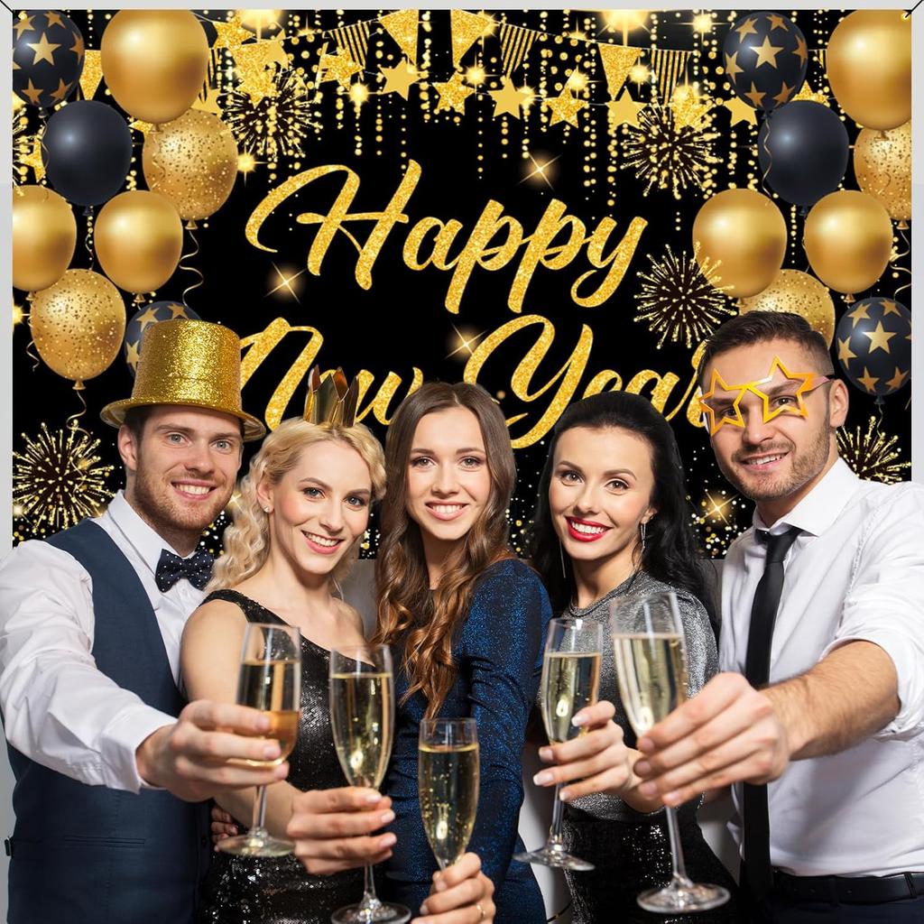 Black Gold Happy New Year 2026 Banner, Large New Years Eve Banner, NYE Birthday Party Decorations Background for Friend, Family, Indoor, Outdoor,