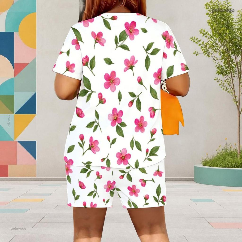 Women Plus Size White Floral Printed Round Neck Short Sleeve Top And Pocket Shorts Two Piece Set