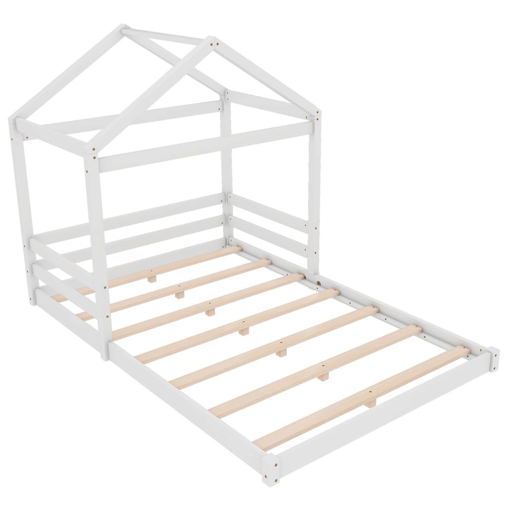 House Bed, 140 X 200 Cm, Children's Bed In House Shape with Slatted Frame (without Mattress), Pine Wood, Minimalist Style, White