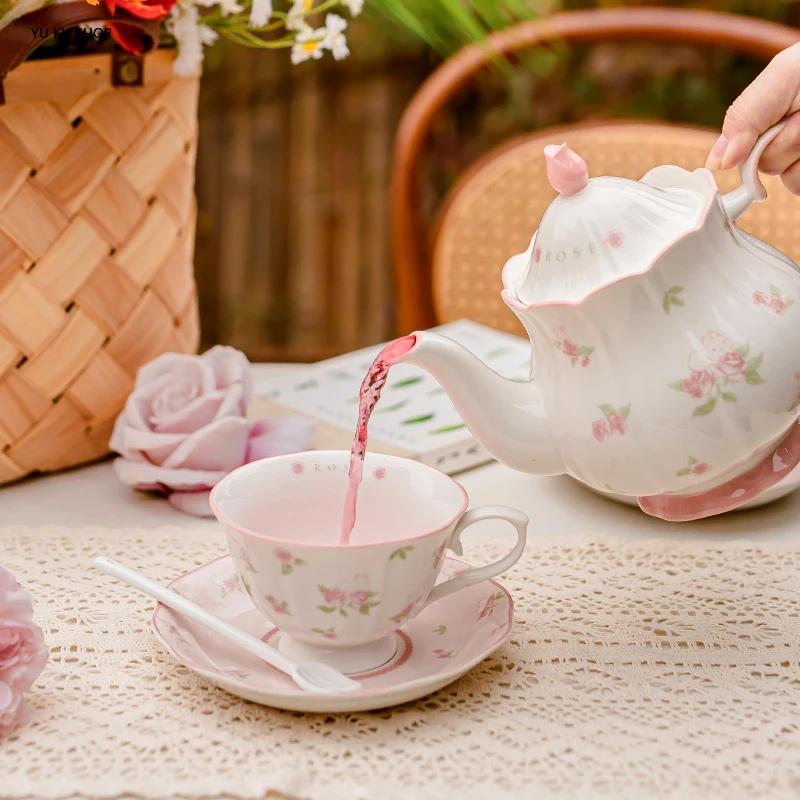 Ceramic Teapot Set Pink Rose Coffee Cup Saucer Espresso Cups Teacup Kitchen Drinkware Coffee Mug Party Presents Birthday Gift