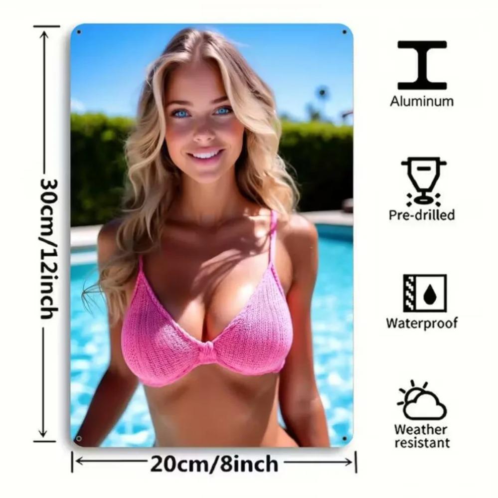 Retro Metal Bikini Wall Art 2D 8x12 Inch Pink White Durable Decor for Home Kitchen Garden Bar