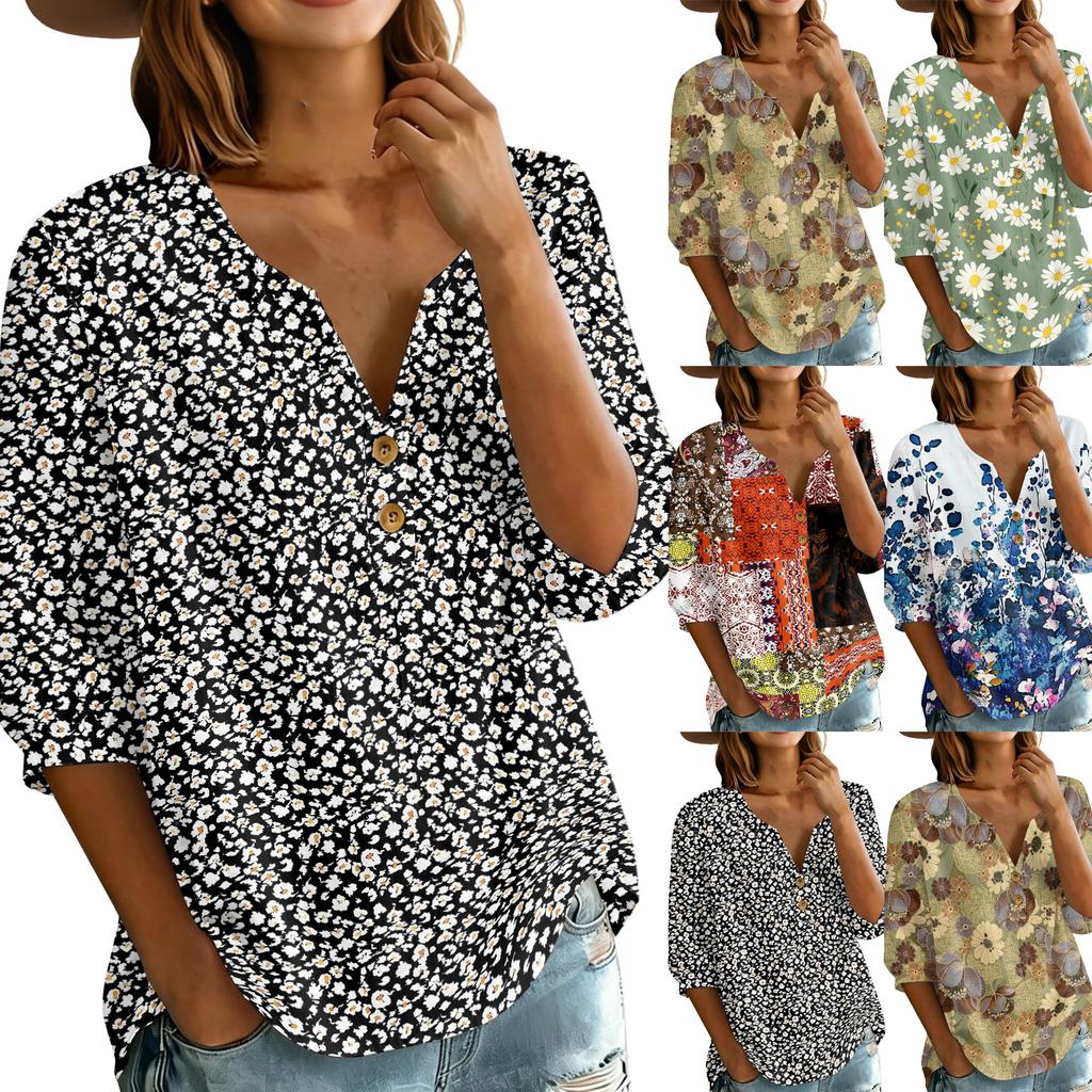 Women Henley Neck Button Front Floral Print Shirt Three Quarter Sleeve Cotton Linen Casual Loose Fit Blouse Top