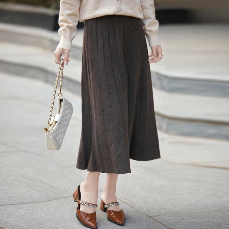 Women's Gray High-Waist Pleated A-line Skirt for Autumn/Winter - Mid-Length, Slimming, Petite Fit