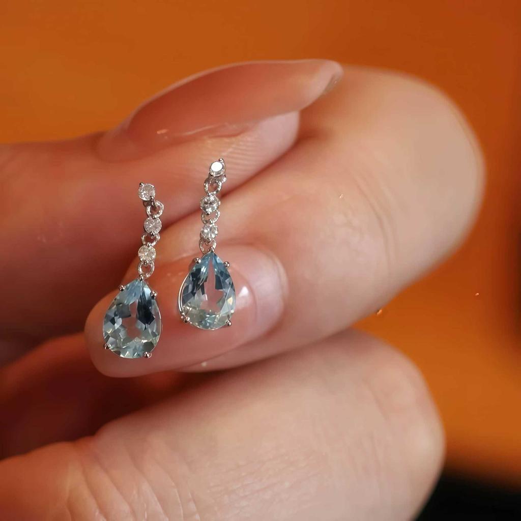 Kolczyki w kształcie łzy z akwamarynem, Srebro Sterlingowe S925, Pozłacane 18K Złotem, Błękitny Topaz w Kształcie Gruszki z Frędzlami dla Kobiet