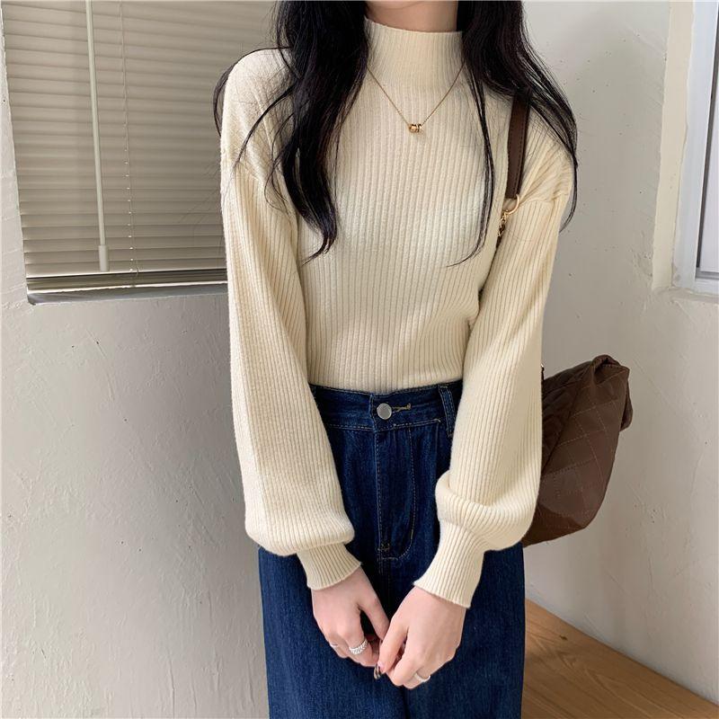 Women's Black Sweater Half Turtleneck Knitwear with Lantern Sleeves Slim Fit Long Sleeve Top for Autumn and Winter Base Layer