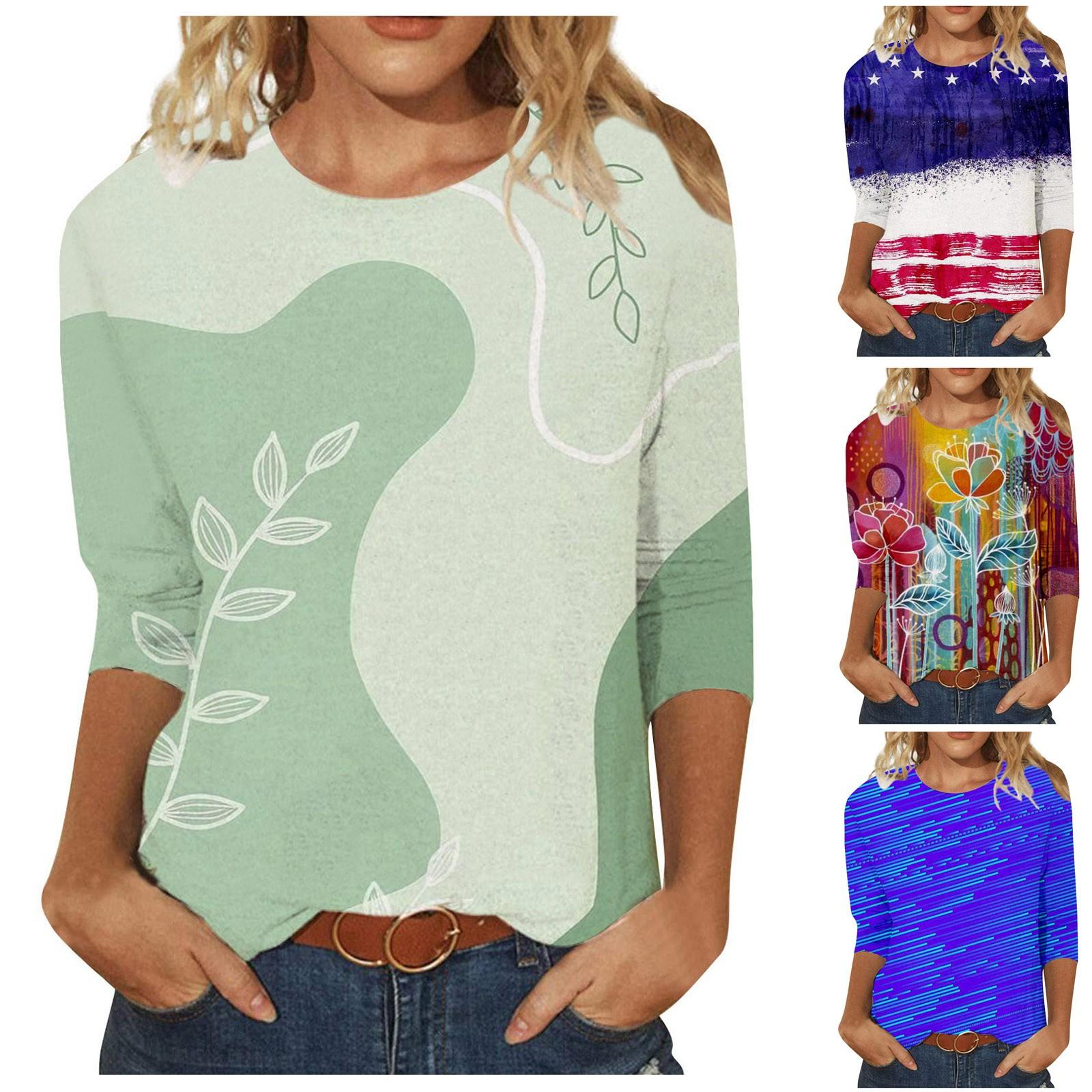 

Женская мода с принтом и круглым вырезом, свободная повседневная футболка с семиточечным рукавом, топ