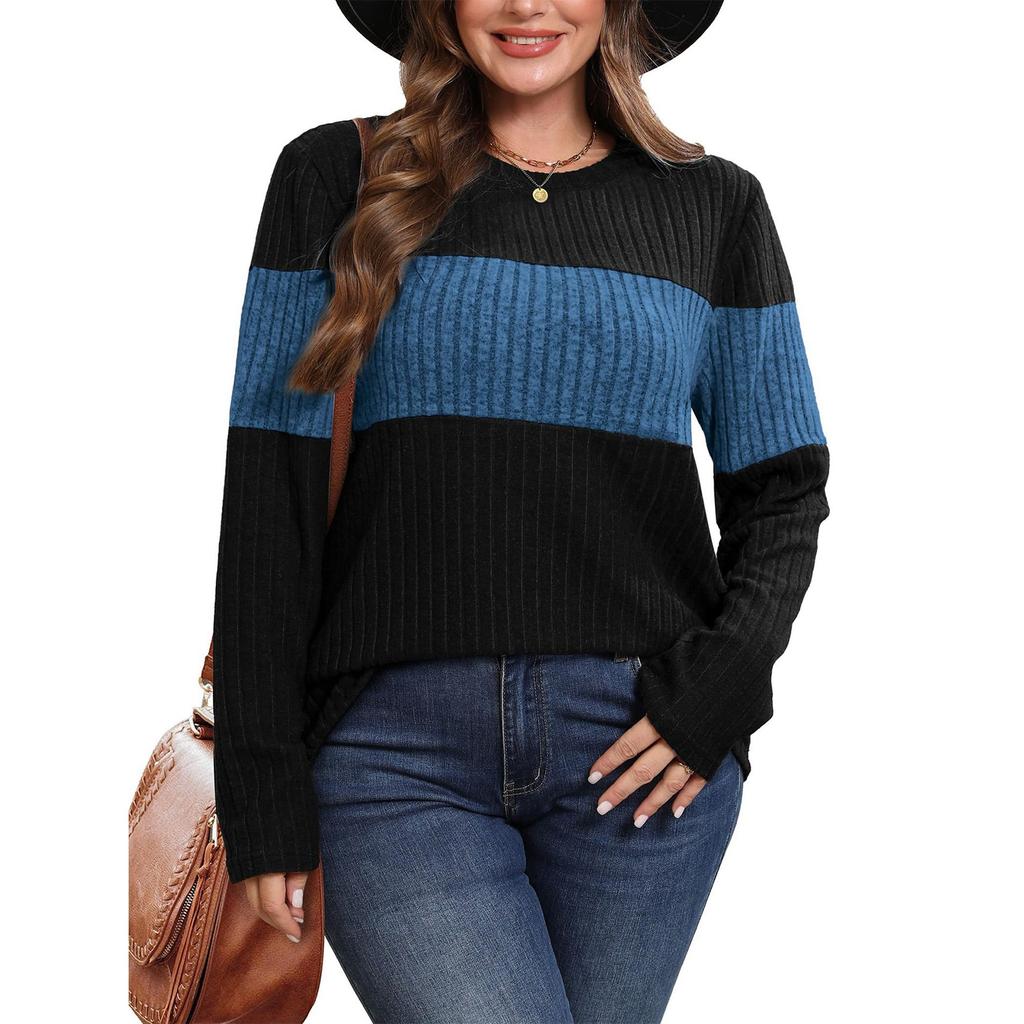 Damen Pullover Mode Geripptes Colorblock Oberteil Langarm Rundhals T-Shirt