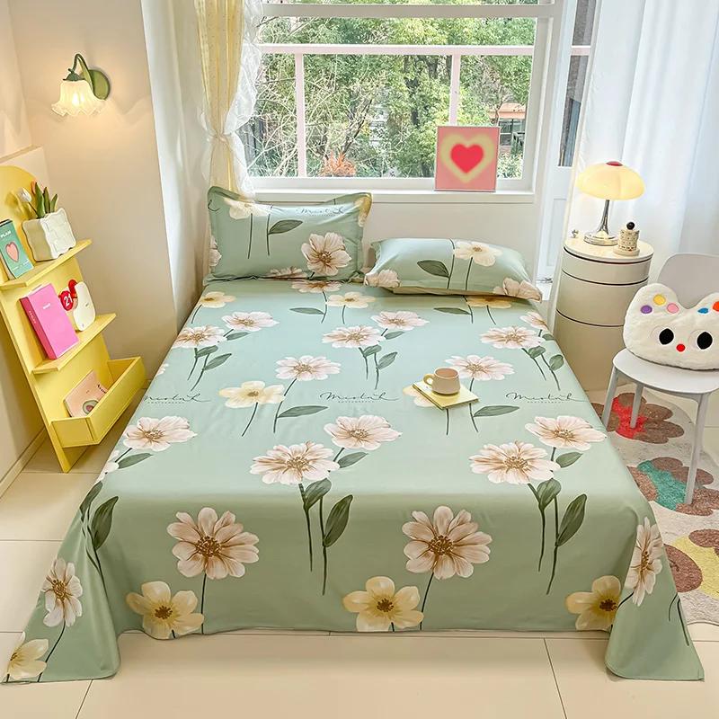 Botanical Floral Flat Sheet Twin Queen Garden Flower Bed Sheet Set Soft Cotton Pastoral Wildflowers Bed Cover with 2 Pillowcases