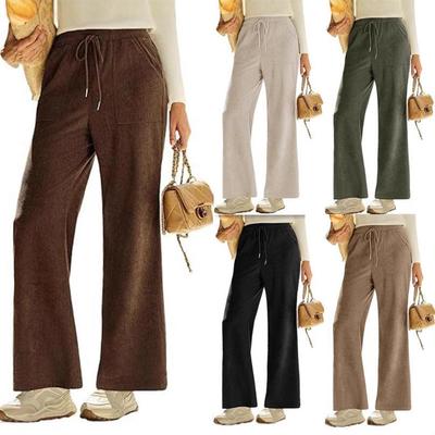 2025 Winter Elastic High Waist Corduroy Wide-Leg Pants with Tie and Pockets