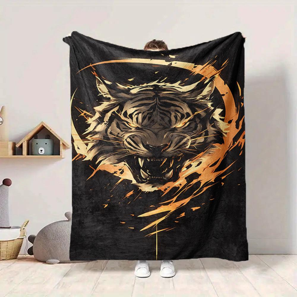 1pc Tiger Head Design Blanket, Lightweight Flannel Throw For Sofa, Bed, Travel, Camping, Livingroom, Office, Couch, Chair