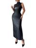 European and American Women's Sleeveless Faux Leather Bodycon Dress with Waist Tie and Slit