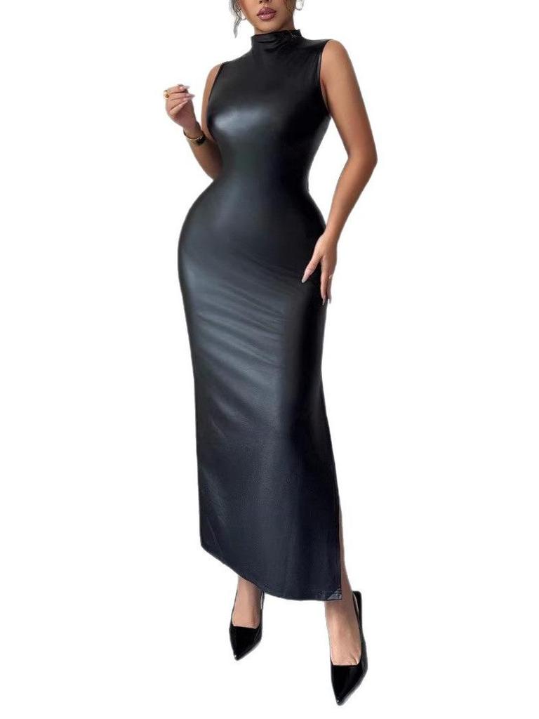 European and American Women's Sleeveless Faux Leather Bodycon Dress with Waist Tie and Slit