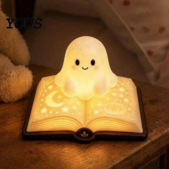 Lâmpada de Mesa Figurine Fantasma Livro Mágico Luz Noturna, Resina de Mesa Brilho Quente com Lua Luz Fofa Estrela em Relevo, Mesinha de Cabeceira para Dormir para Crianças