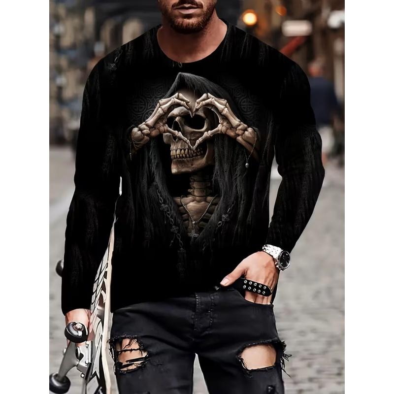 T-shirt da uomo casual a maniche lunghe con stampa, girocollo, per autunno e inverno