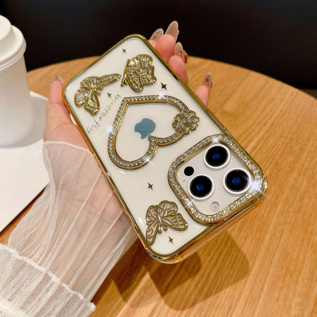 For IPhone 16 Promax Sparkling Diamond Phone Case for Apple 15 Love Butterfly 14 Gradient Sparkling Pink Soft Case