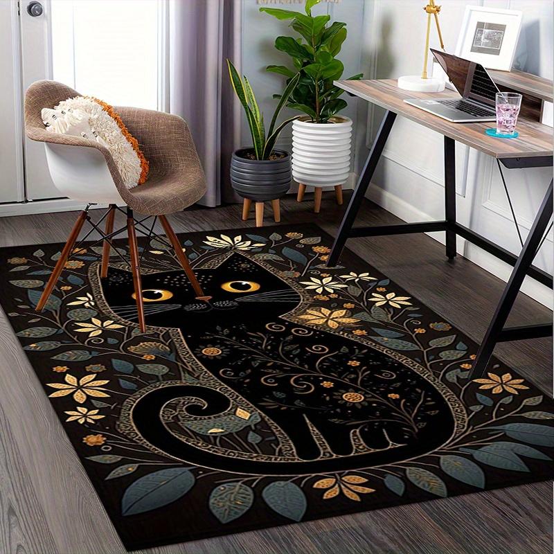 1pc. Elegant Black Cat with Floral Frame Rug - Perfect for Home Decor, Office Carpet, Chair Cover, Outdoor Mat, and Gift Idea