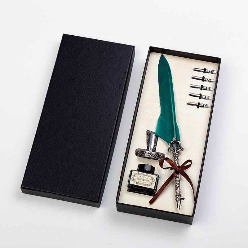 Goose Feather Pen Set with Carved Base and Stainless Steel Nibs - Unique Gift