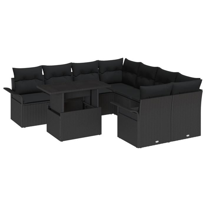 VidaXL Ensemble de canapé de jardin 9 pièces avec coussins noir poly rotin 3348259