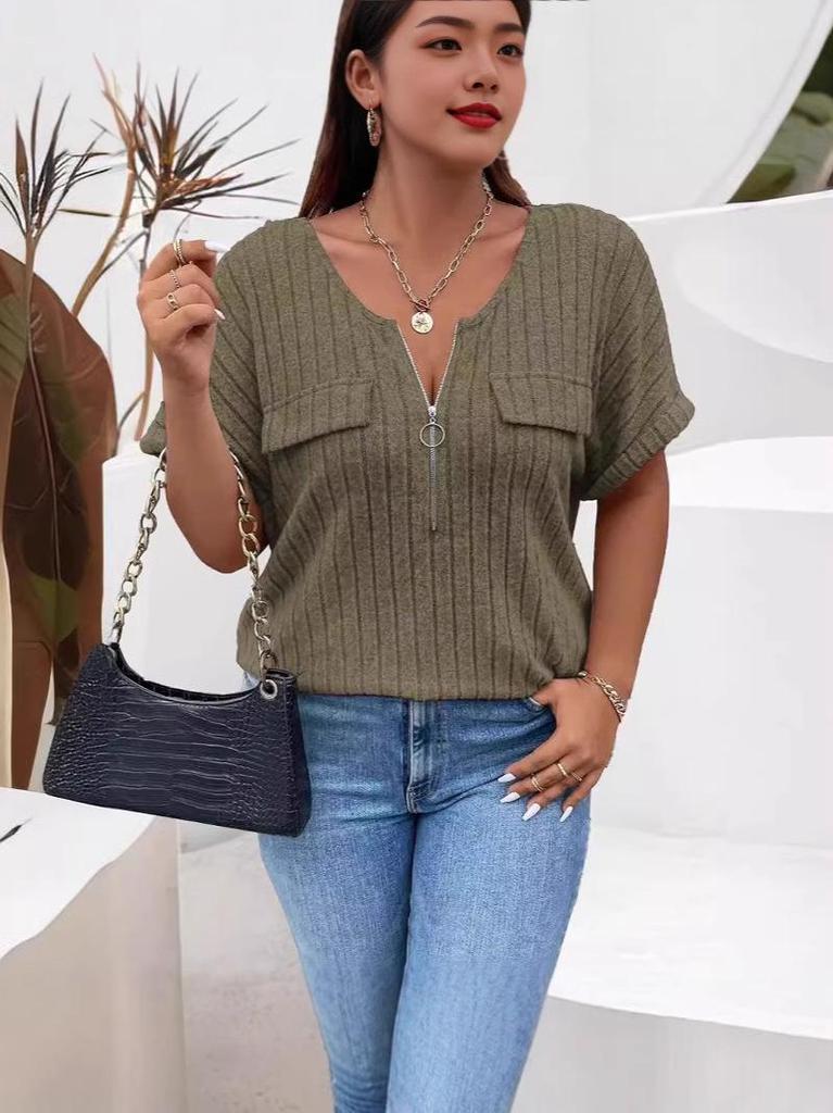 2025 Spring/Summer Plus Size Women's Solid Color Zipper Short Sleeve Fake Pocket Loose Pullover Top