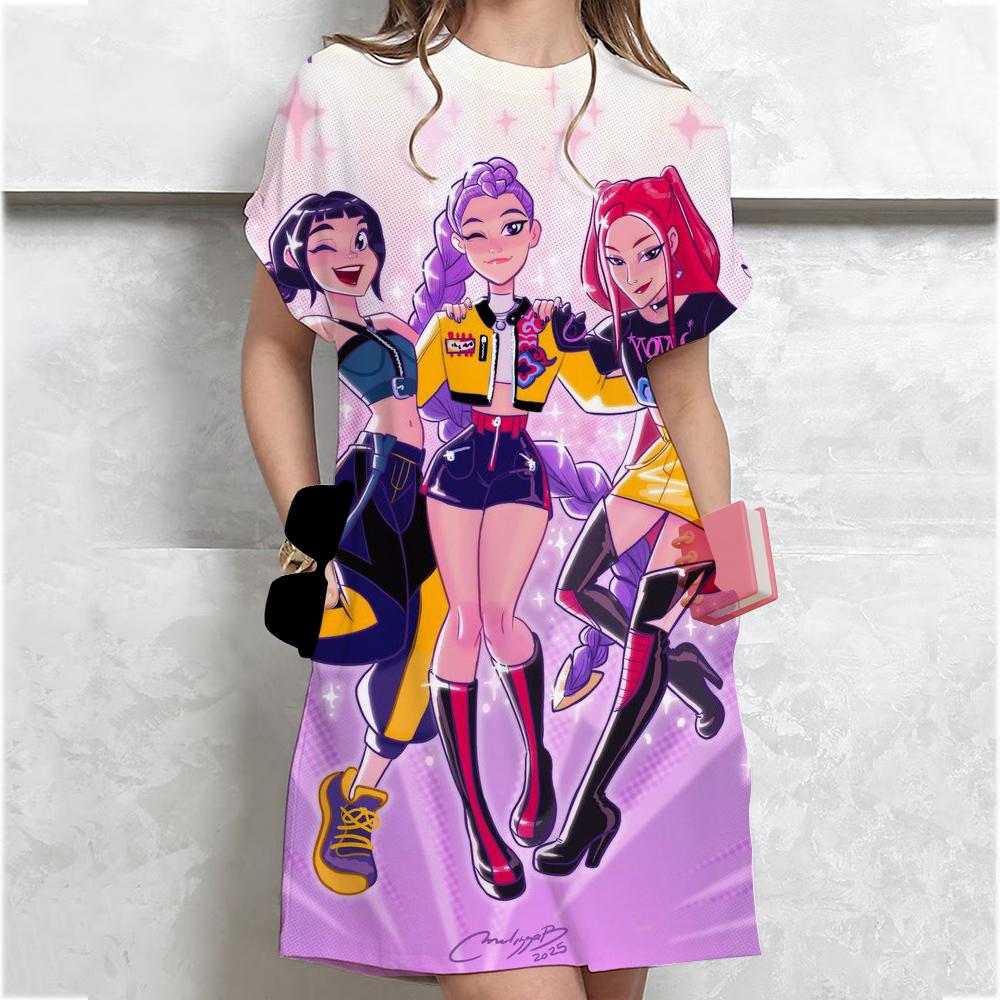 Kpop Lovec Démonů Huntrix Šaty Pro Ženy Módní Dámské Ležérní Šaty S Květinovým Potiskem Elegantní Výstřih Do V Volné A-Liniové Boho Plážové Šaty