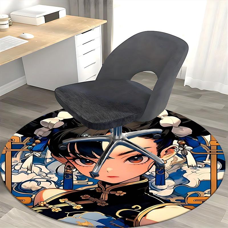 1pc Anime Design Round Carpet Traditional Chinese Style Chair Mat for Office, Home Decor, Living Room, Bedroom