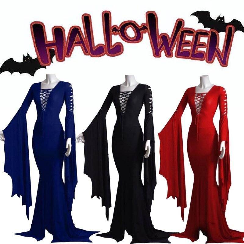Trendy New Halloween Sexy V Neck Dress With Flare Sleeves Available In Red Black And Blue Sizes S To 5xl For A Chic Retro Look