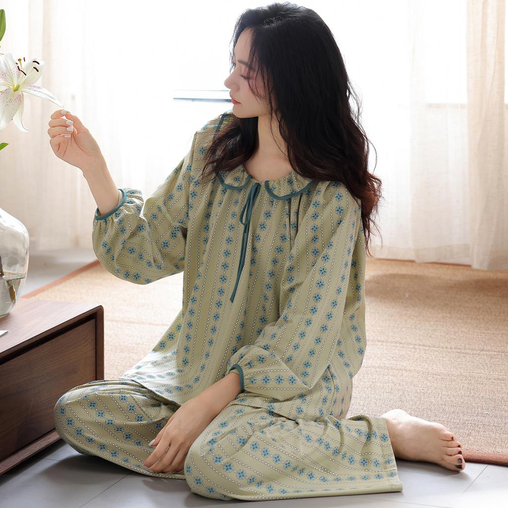 Pajamas women's spring and autumn pure cotton long-sleeved high-end elegant mother large-size loungewear autumn and winter plaid noble suit