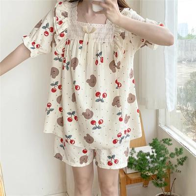 Sweet Cute Pajamas Cartoon Print Short Female Sleepwear New Summer Cotton and Linen Housewear