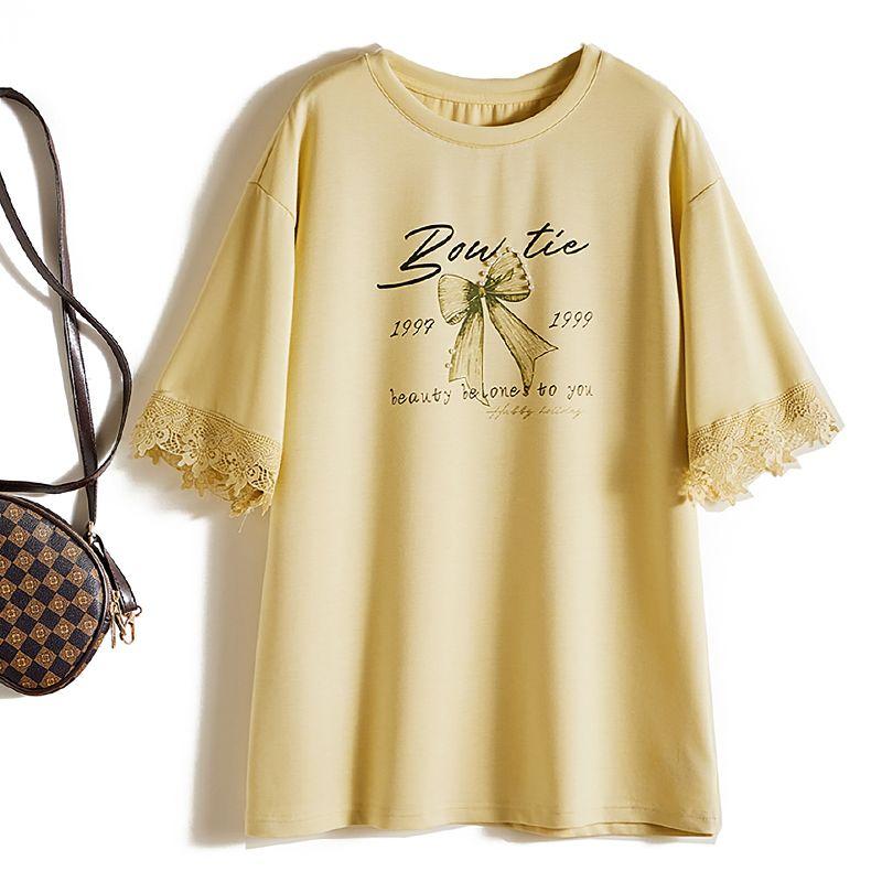 

Invincible Love Big Shirt! Women s round Neck Shoulder Cotton Cocoon Shaped Long Lace Sleeve T-shirt Spring and Summer Beaded Bowknot Lemon yellow L