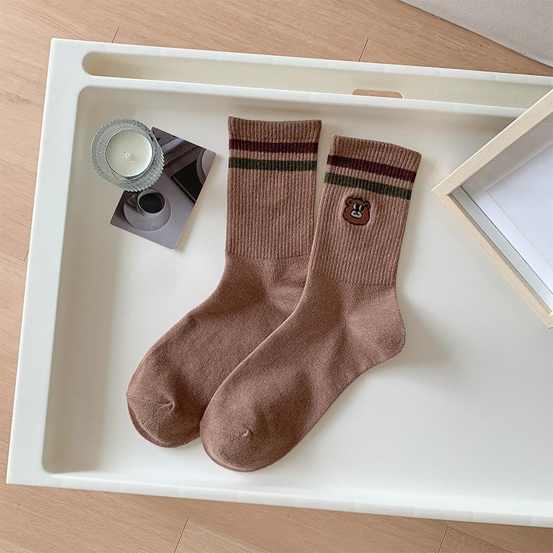 Ladies Spring and Autumn Trend Casual Cartoon Bear Preppy Sports Tube Socks