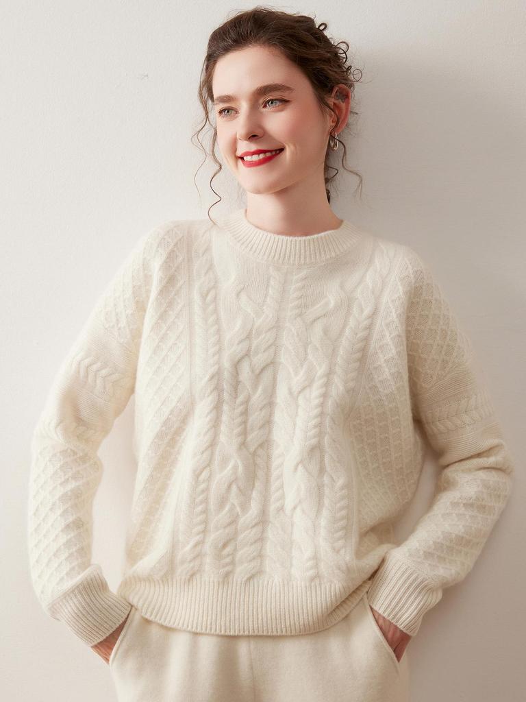 Women's Super Thick Cashmere Sweater: Round Neck, Soft, Fluffy, Loose Fit, Versatile Cable Knit for Autumn/Winter.