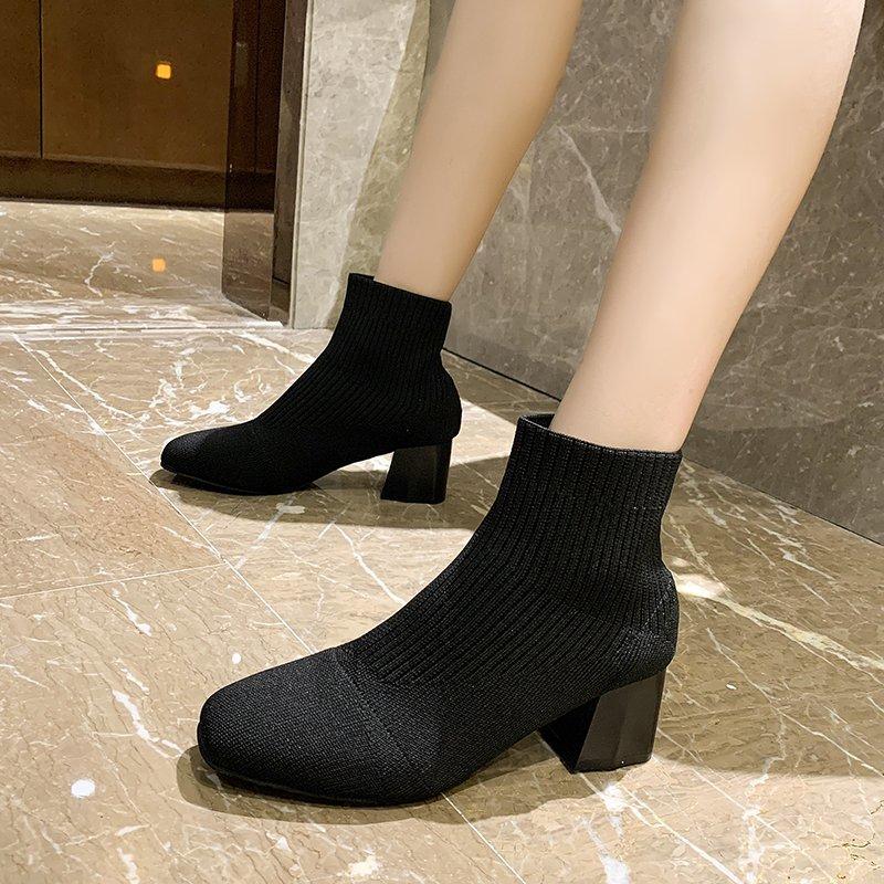 Fashion Stretch Sock Boots For Women Boots 2025 Square Heel Yellow Knitting Shoes Elastic Cottton Boots Lady Footwear