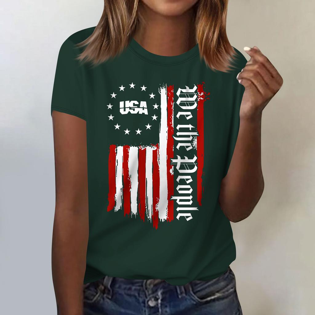 Women's Casual Independence Day Printed T-Shirt Round Neck Pullover Short Sleeve Top