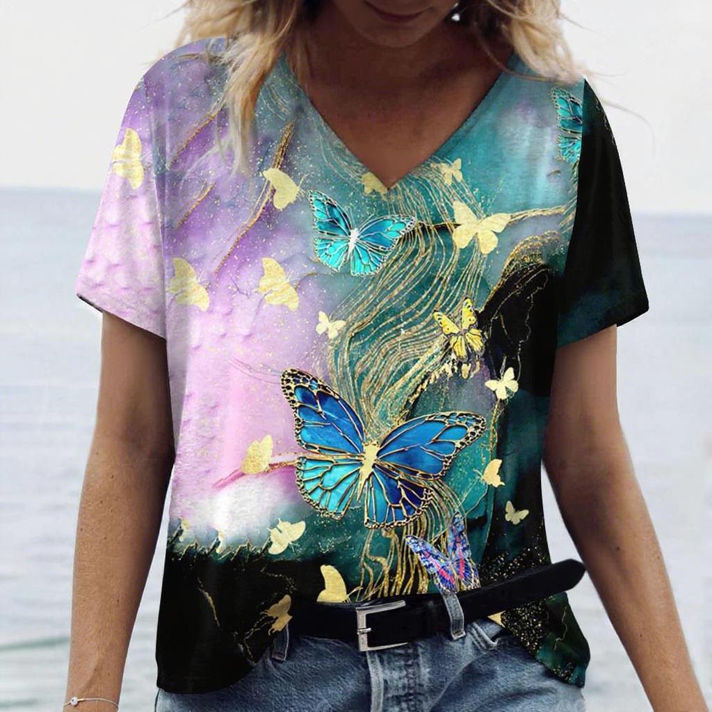 

Летний топ с V-образным вырезом, креативным 3D принтом бабочки и градиентом, модные повседневные женские футболки с коротким рукавом 5XL